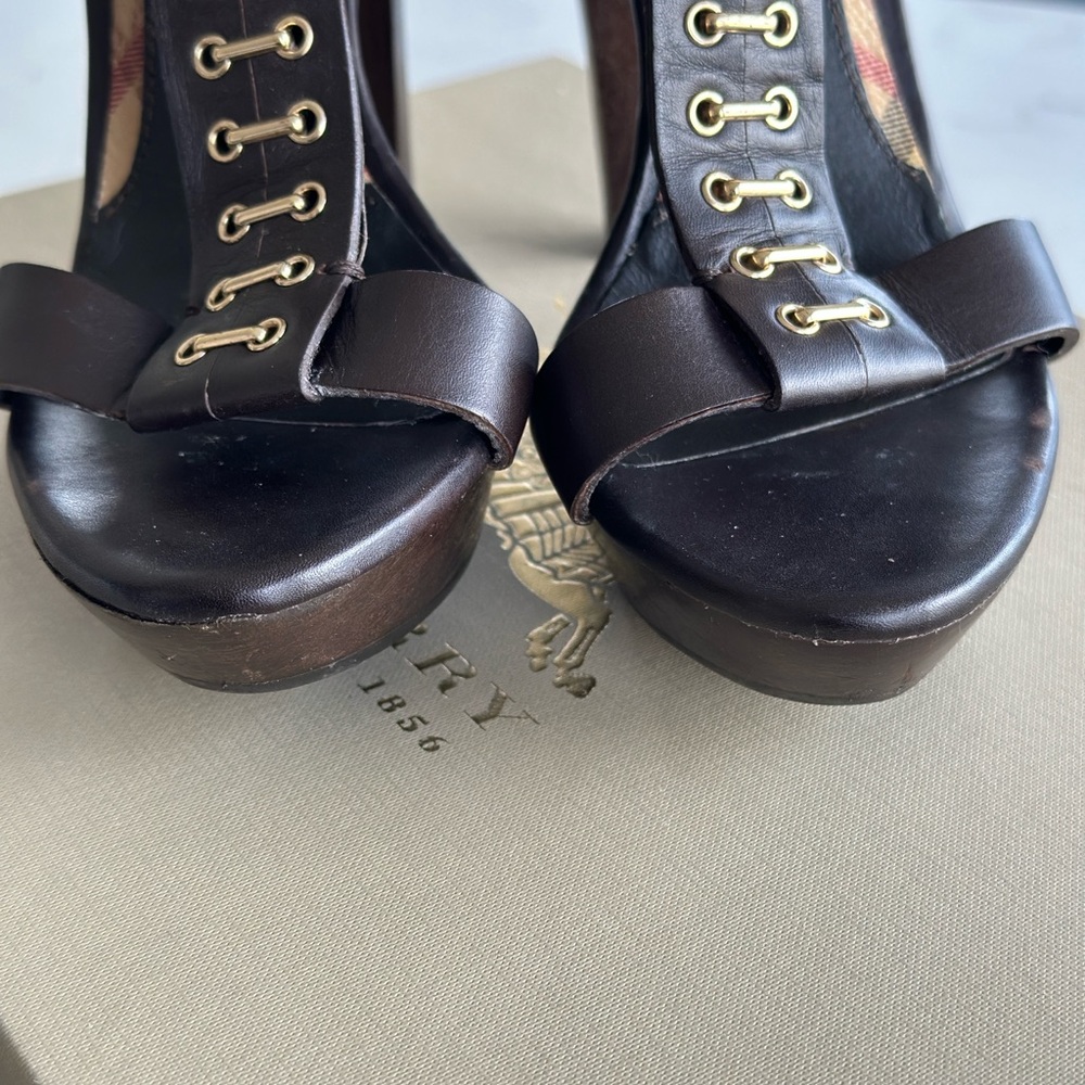 Burberry Brown Platform High Heeled Sandals with Gold Hardware - Picture 10 of 14